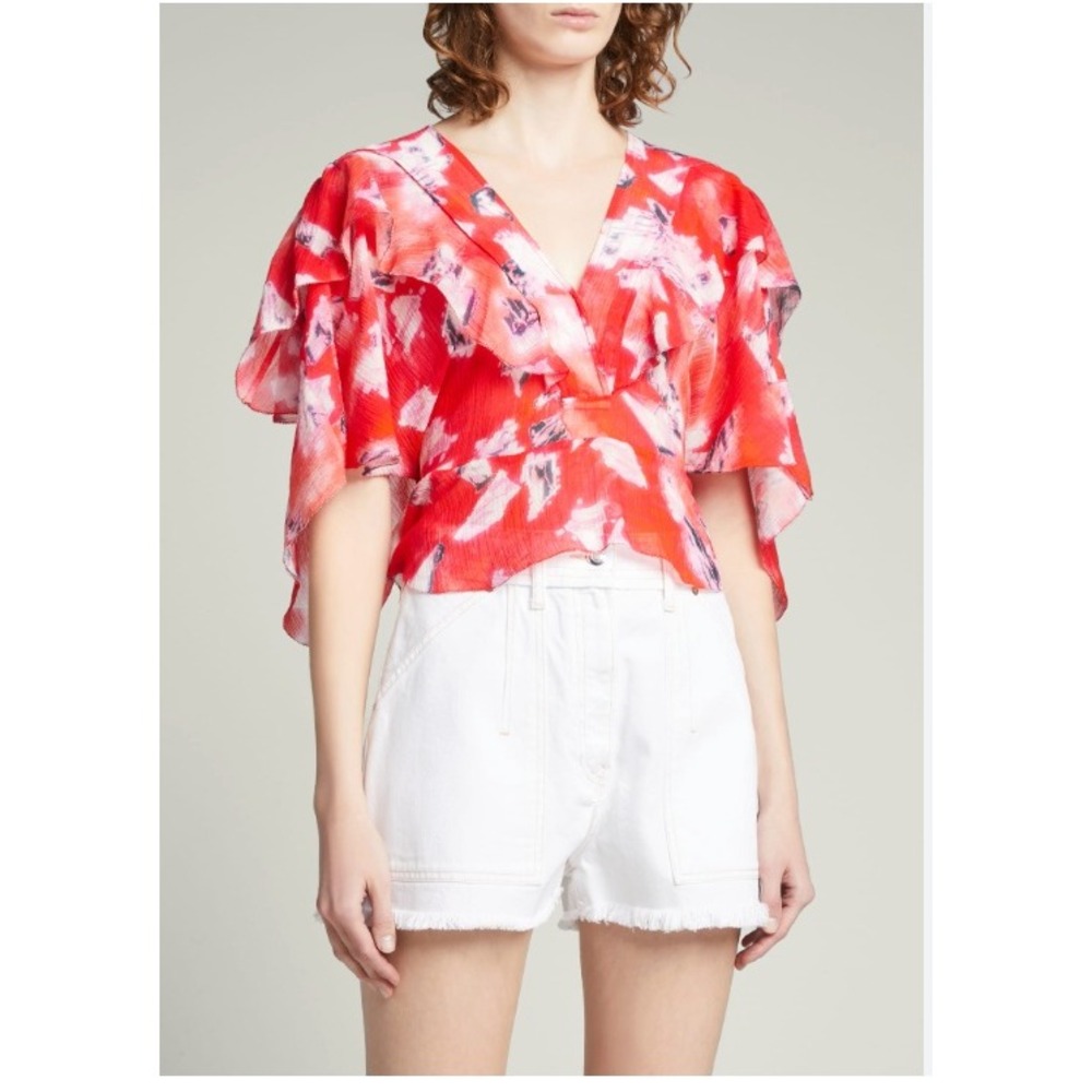 IRO Azule Silk Linen Flutter Sleeve Wrap Top 36 Red Floral Ruffle Blouse  Resort